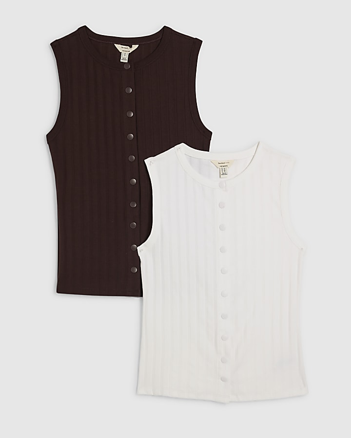 Brown Sleeveless Popper Tank Top 2 Pack