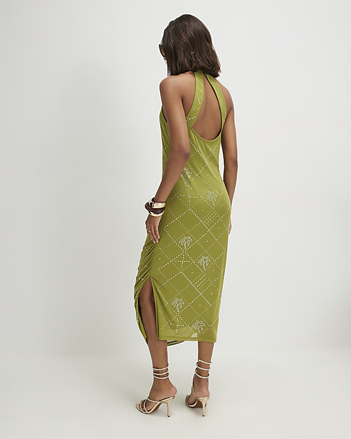 Green Palm Halter Neck Hotfix Midi Dress