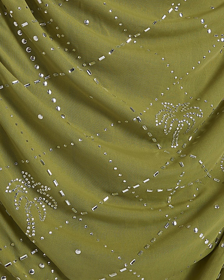 Green Palm Halter Neck Hotfix Midi Dress