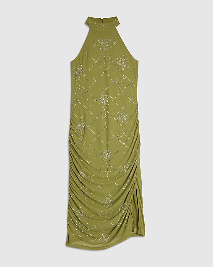 Green Palm Halter Neck Hotfix Midi Dress