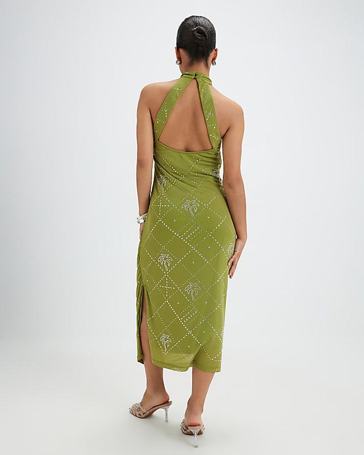 Petite Green Halter Embellished Midi Dress