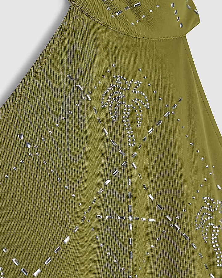 Petite Green Palm Halter Hotfix Midi Dress