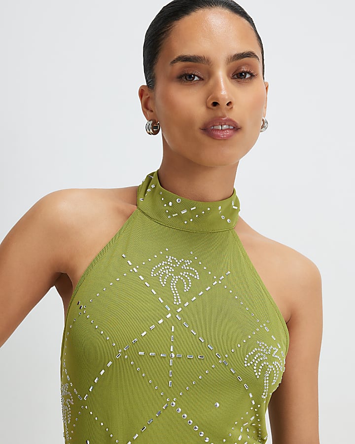 Petite Green Halter Embellished Midi Dress