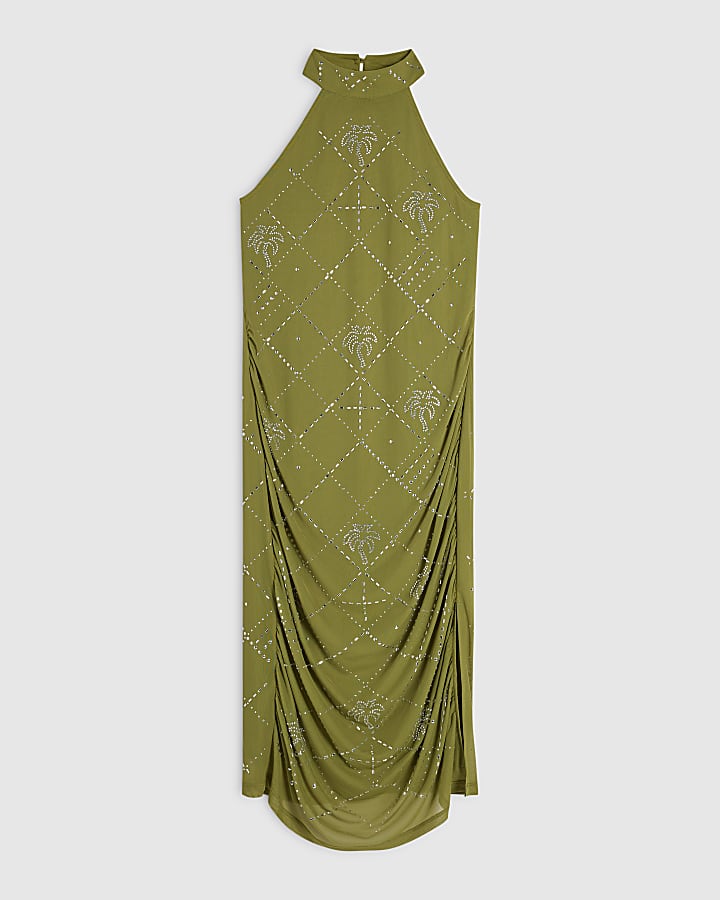 Petite Green Palm Halter Hotfix Midi Dress