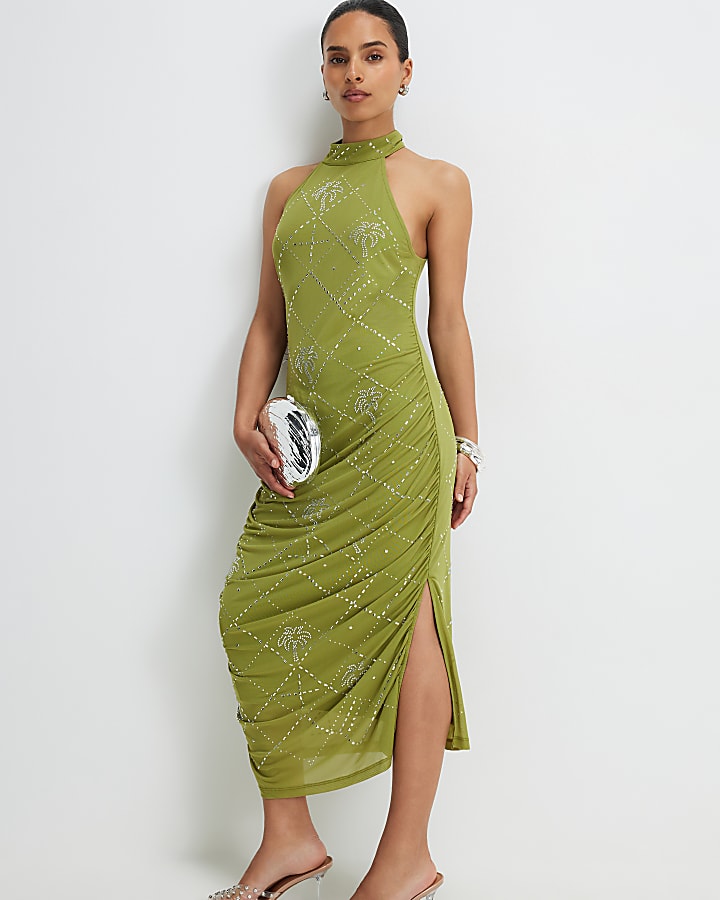 Petite Green Halter Embellished Midi Dress