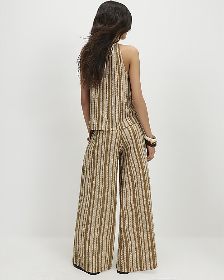 Green Striped Textured Wide Leg Trousers