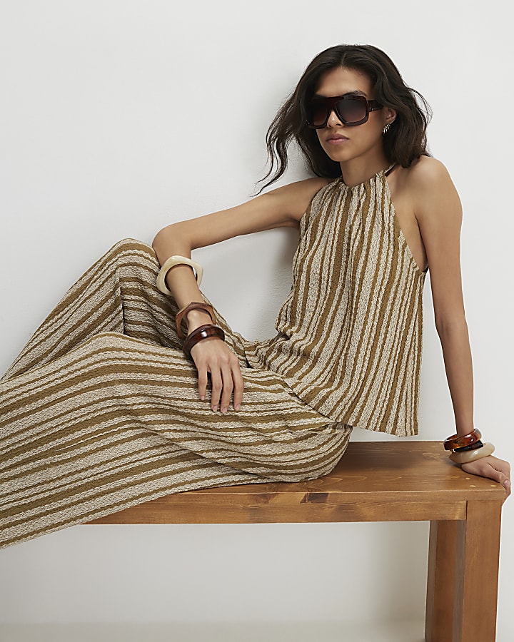 Green Striped Textured Wide Leg Trousers