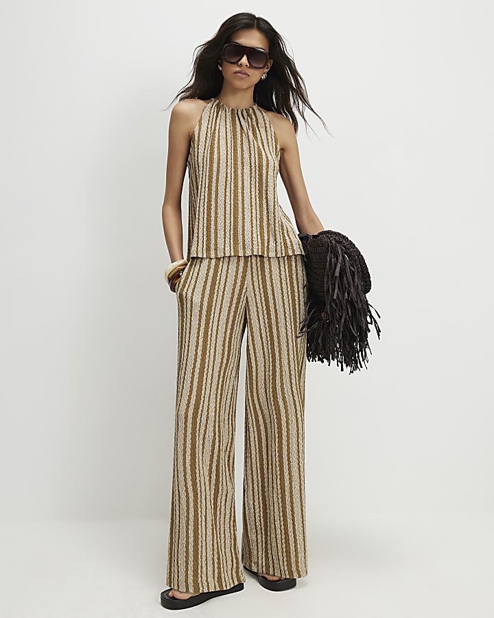 Green Striped Textured Wide Leg Trousers