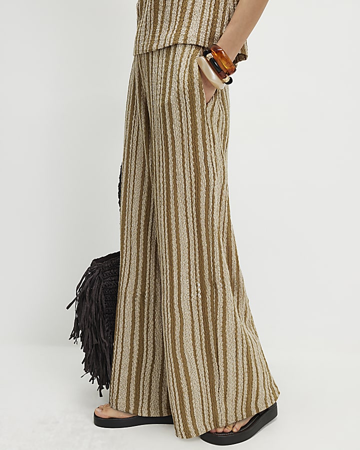 Green Striped Textured Wide Leg Trousers