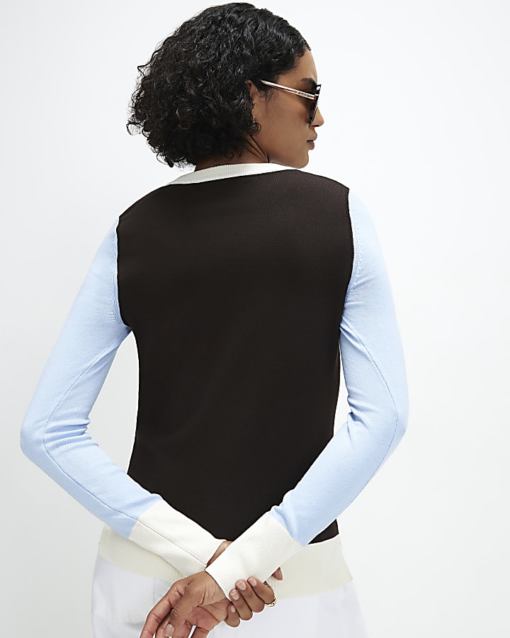 Brown Colour Blocked Knit Top