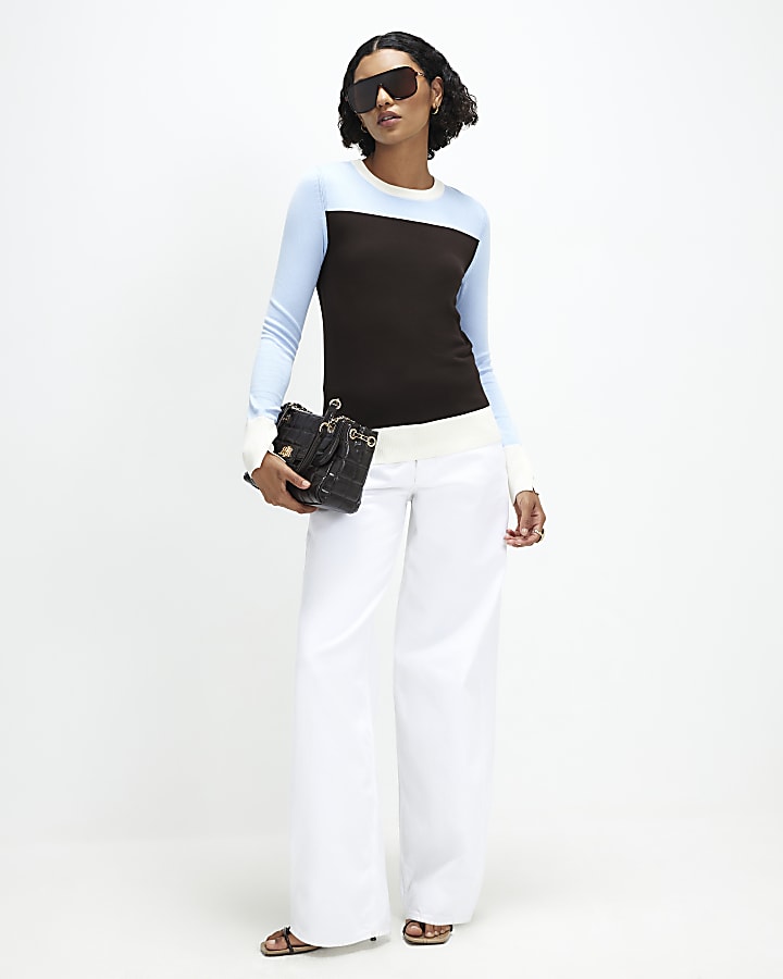 Brown Colour Blocked Knit Top
