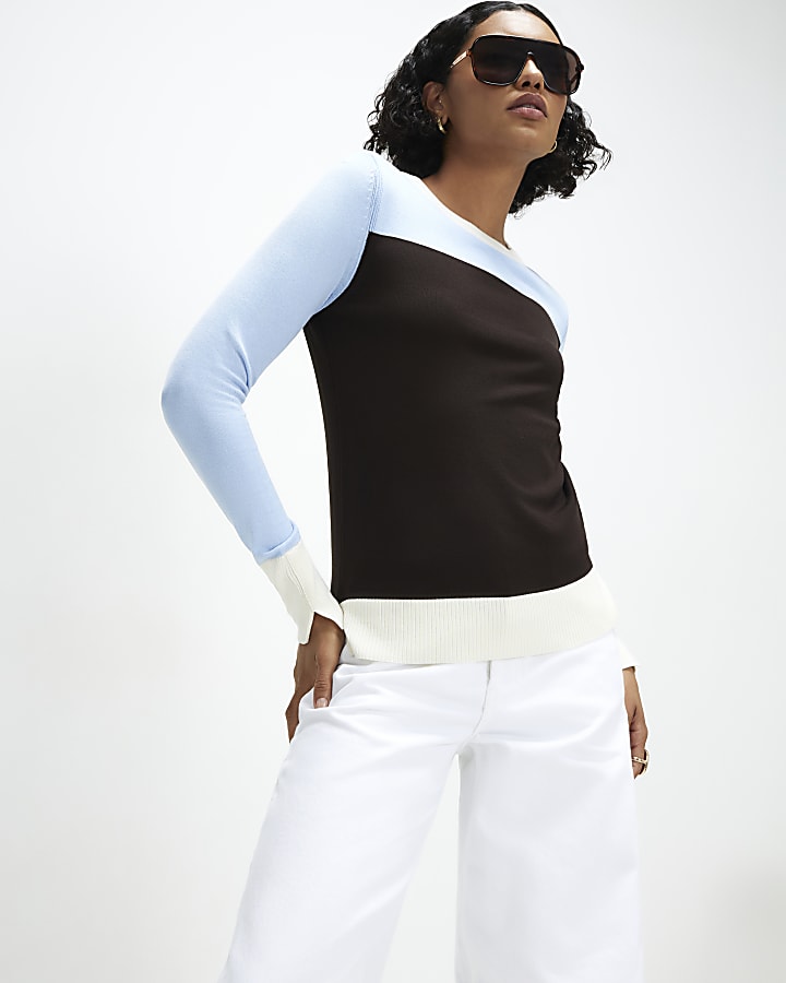 Brown Colour Blocked Knit Top