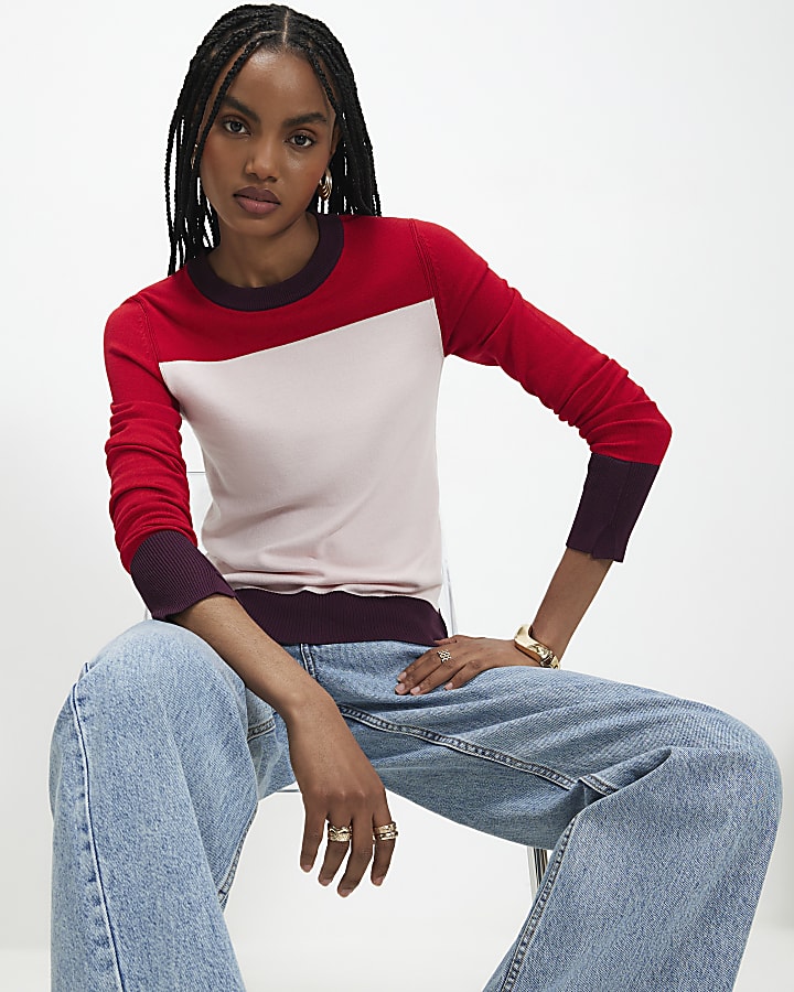 Pink Colour Blocked Knit Top