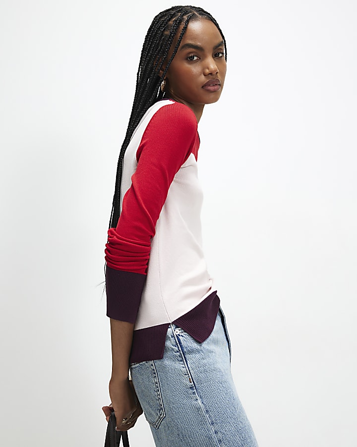 Pink Colour Blocked Knit Top
