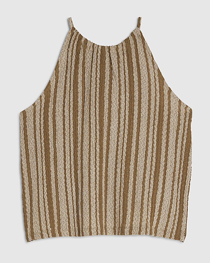 Green Striped Textured Halter Neck Top