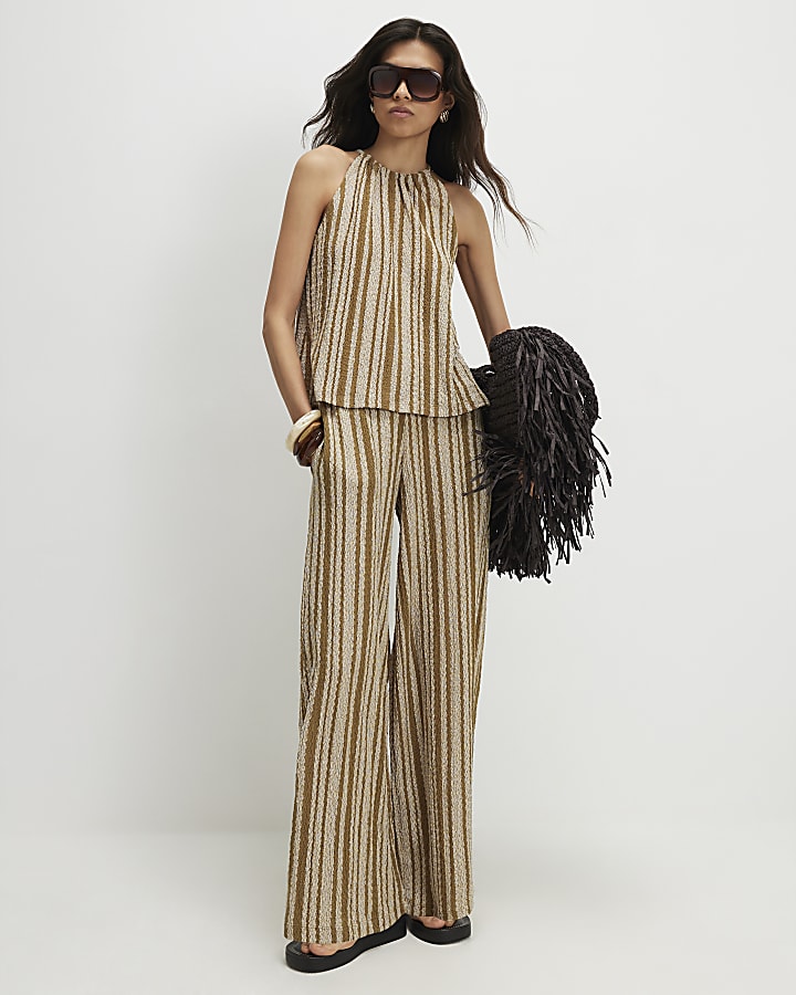 Green Striped Textured Halter Neck Top