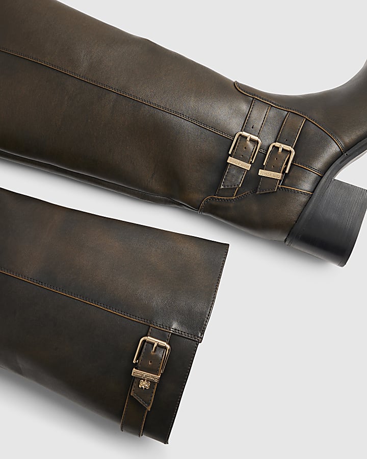 Brown Buckle High Leg Boots