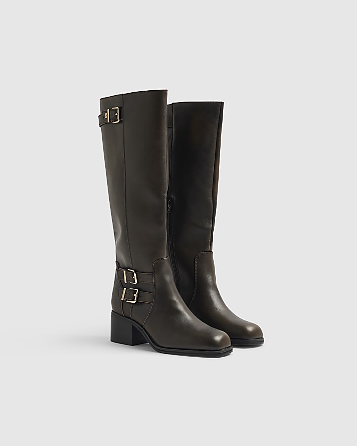 Brown Buckle High Leg Boots