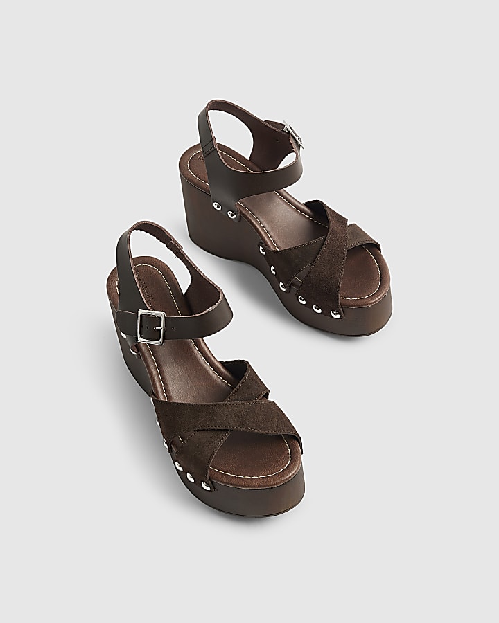 Brown Suede Clog Wedge Sandals