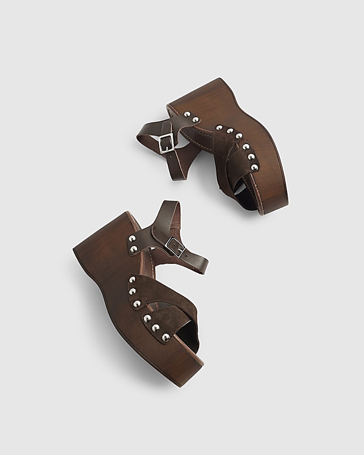 Brown Suede Clog Wedge Sandals