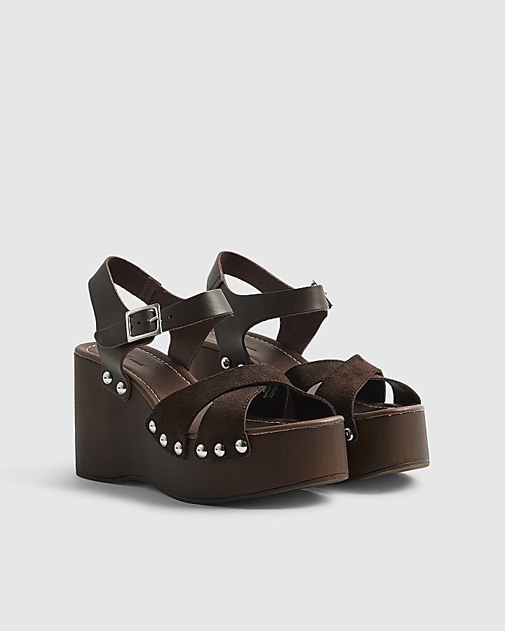 Brown Suede Clog Wedge Sandals