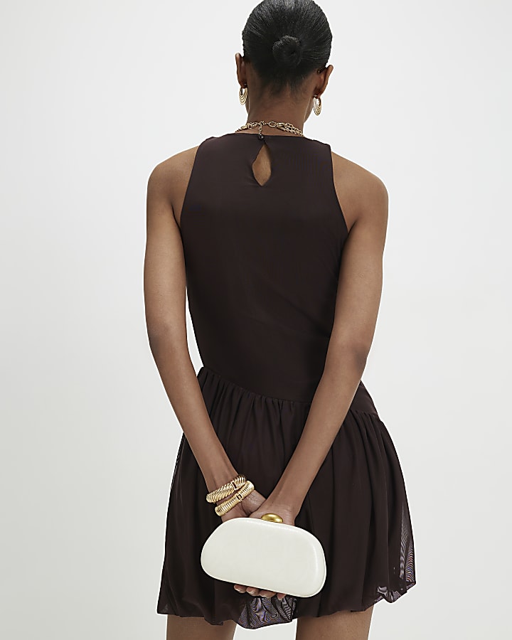 Brown Mesh Bubble Hem Mini Dress