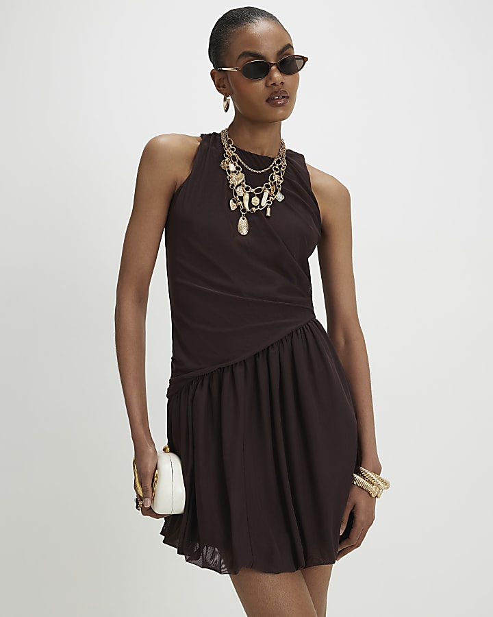Brown Mesh Bubble Hem Mini Dress
