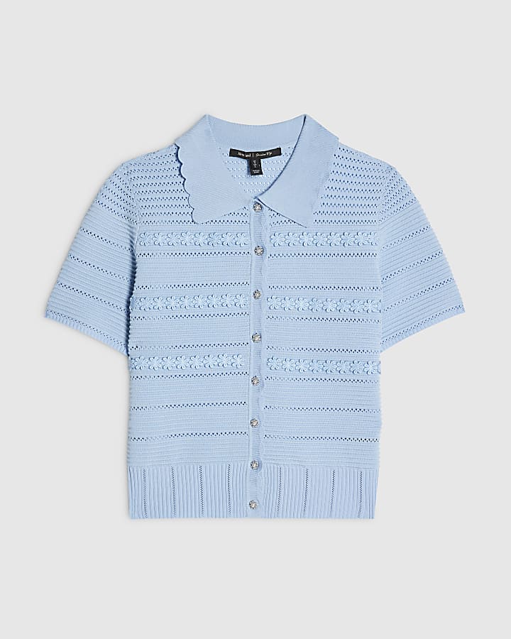 Blue Knitted Short Sleeve Daisy Cardigan