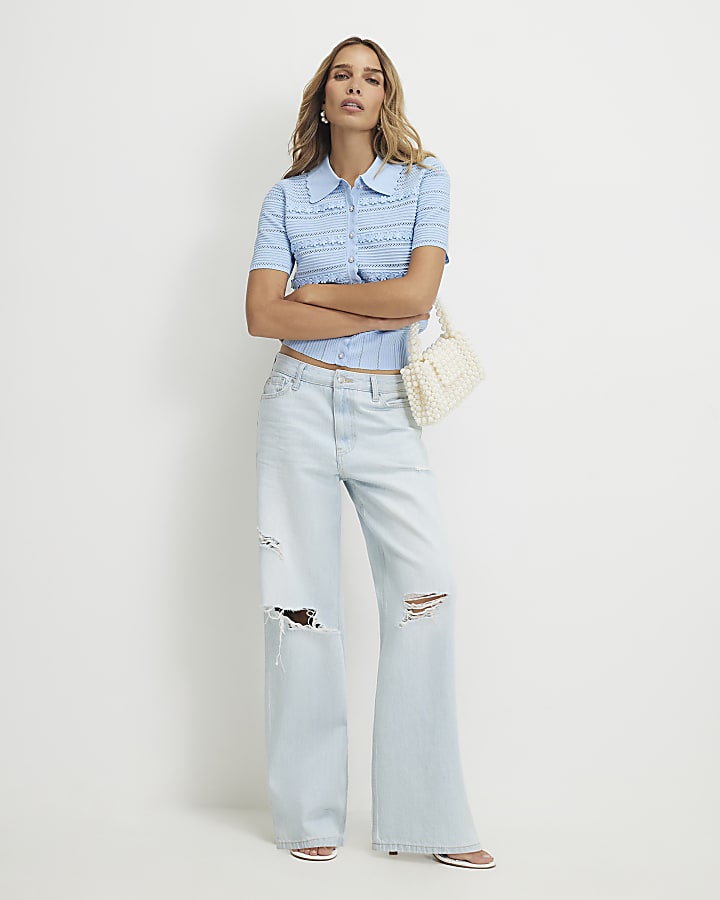Blue Knitted Short Sleeve Daisy Cardigan