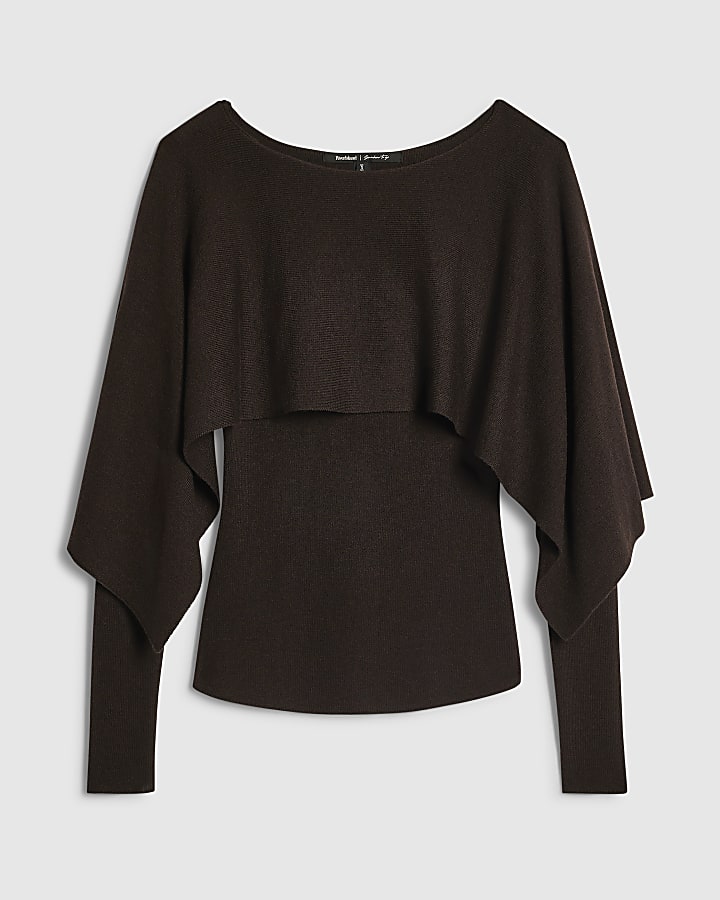 Brown Knit Cape 2 In 1 Top