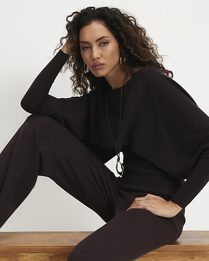 Brown Knit Cape 2 In 1 Top