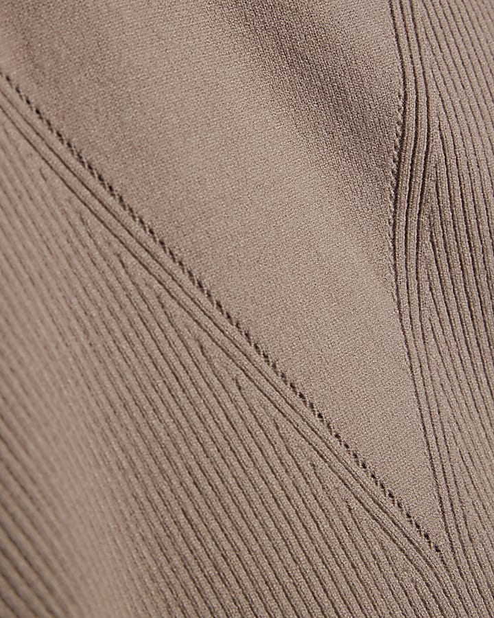 Beige Knitted Ribbed High Neck Top