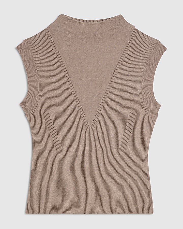 Beige Knitted Ribbed High Neck Top
