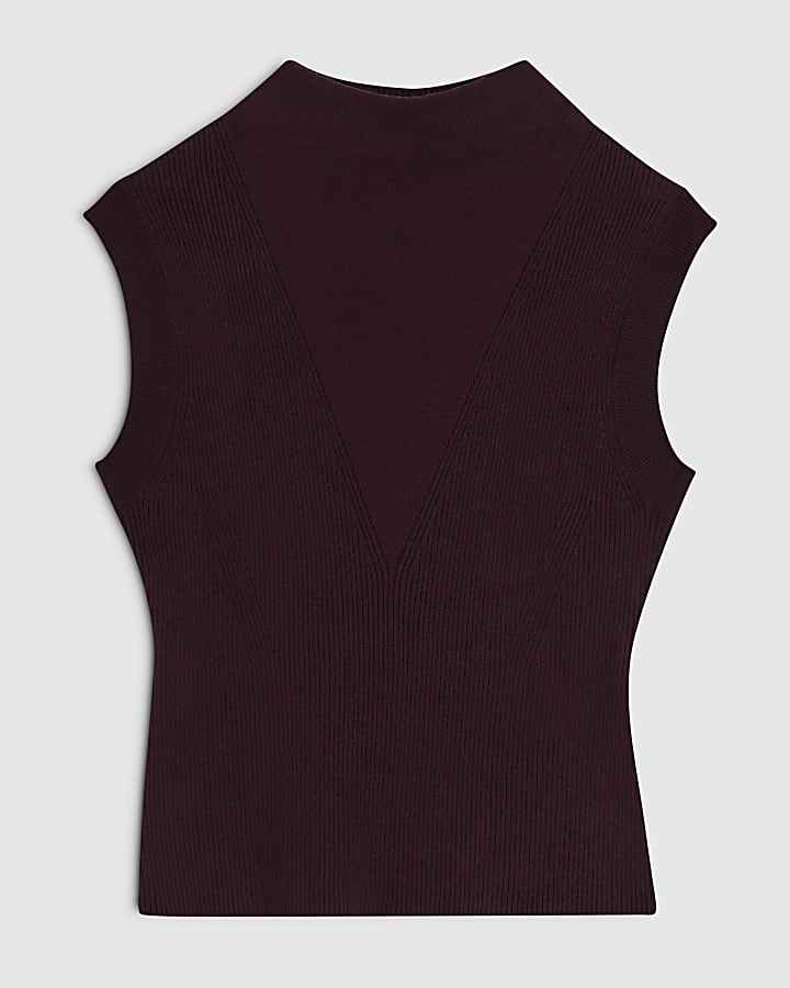 Red Knitted Ribbed High Neck Top