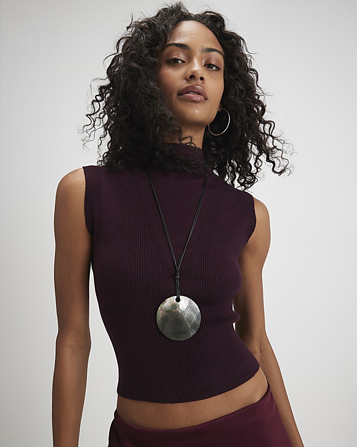 Red Knitted Ribbed High Neck Top
