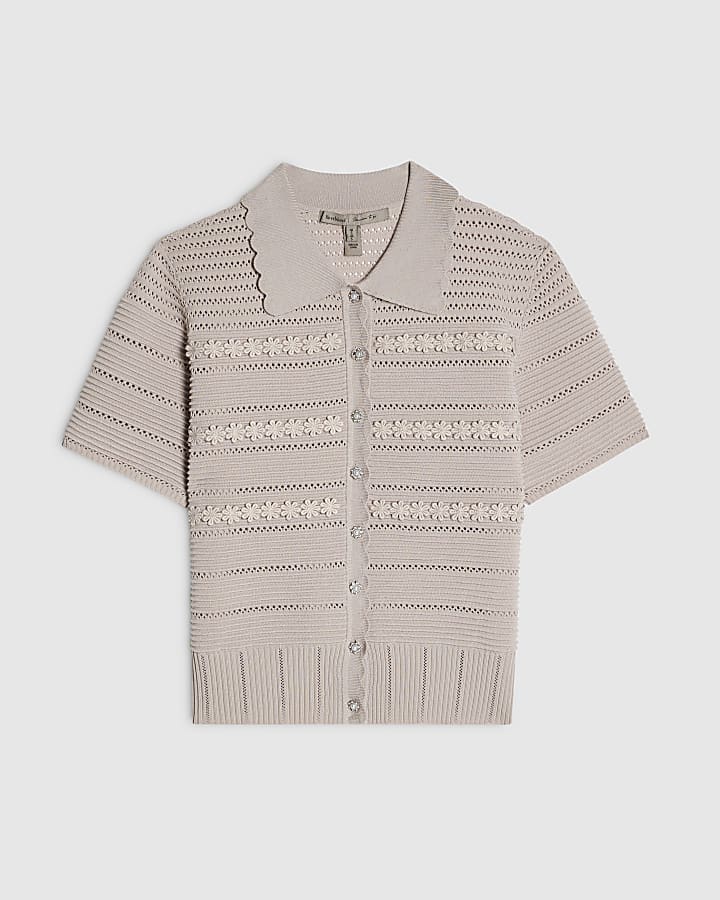 Beige Knitted Short Sleeve Daisy cardigan