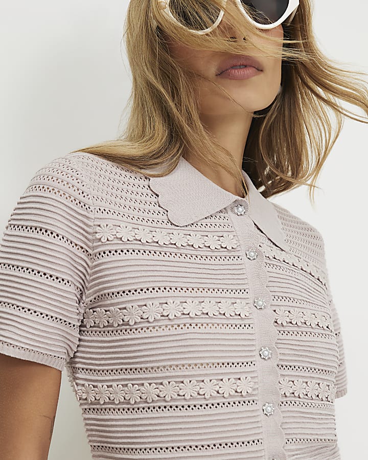 Beige Knitted Short Sleeve Daisy cardigan