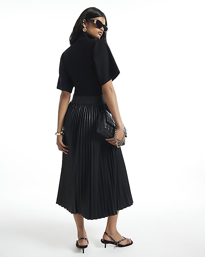 Black Pleat Hem Midi Dress