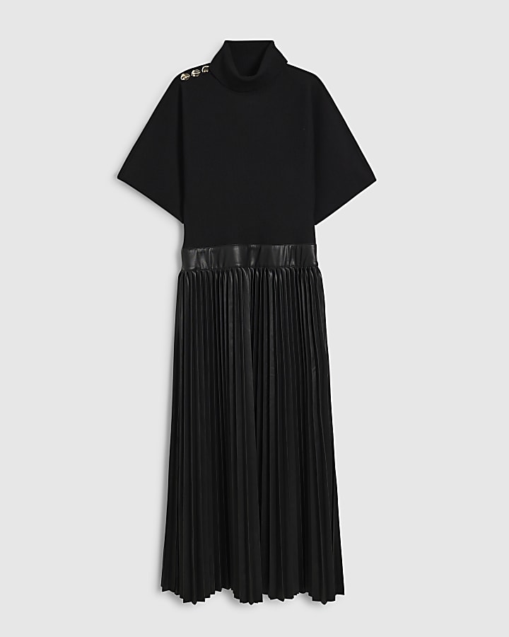 Black Pleat Hem Midi Dress