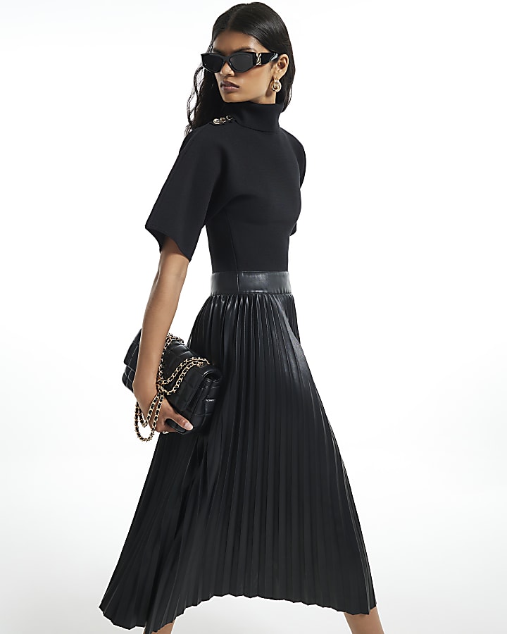 Black Pleat Hem Midi Dress