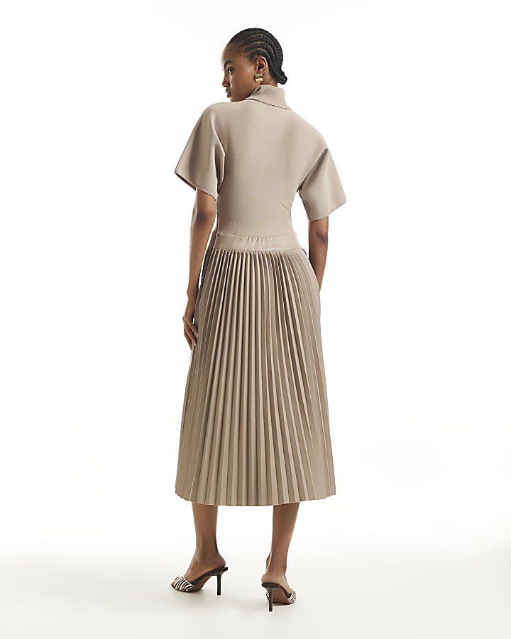 Beige Pleat Hem Midi Dress
