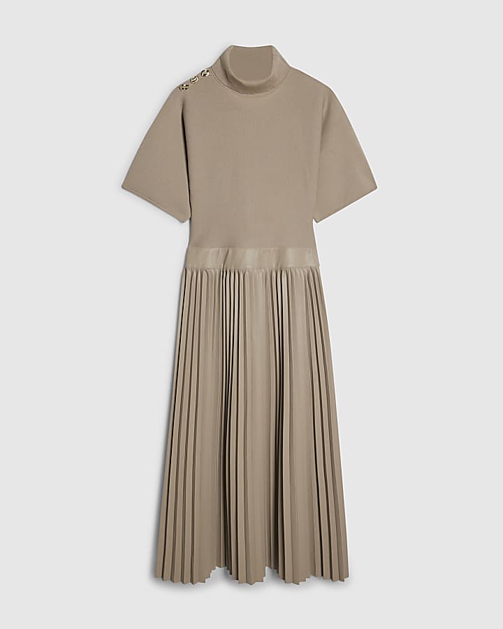 Beige Pleat Hem Midi Dress