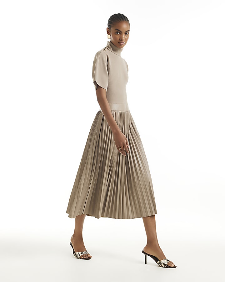 Beige Pleat Hem Midi Dress