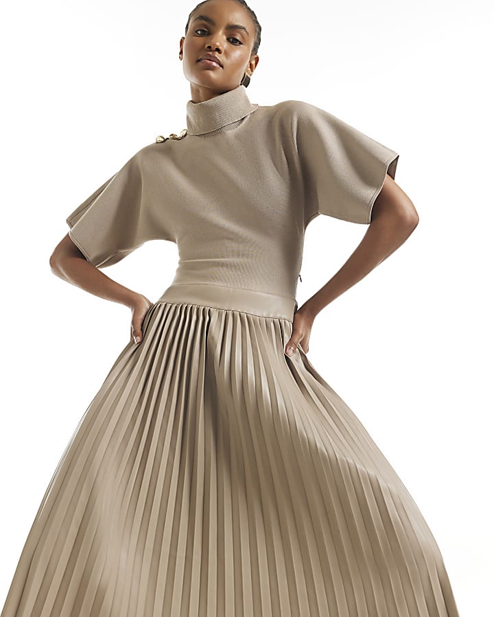 Beige Pleat Hem Midi Dress