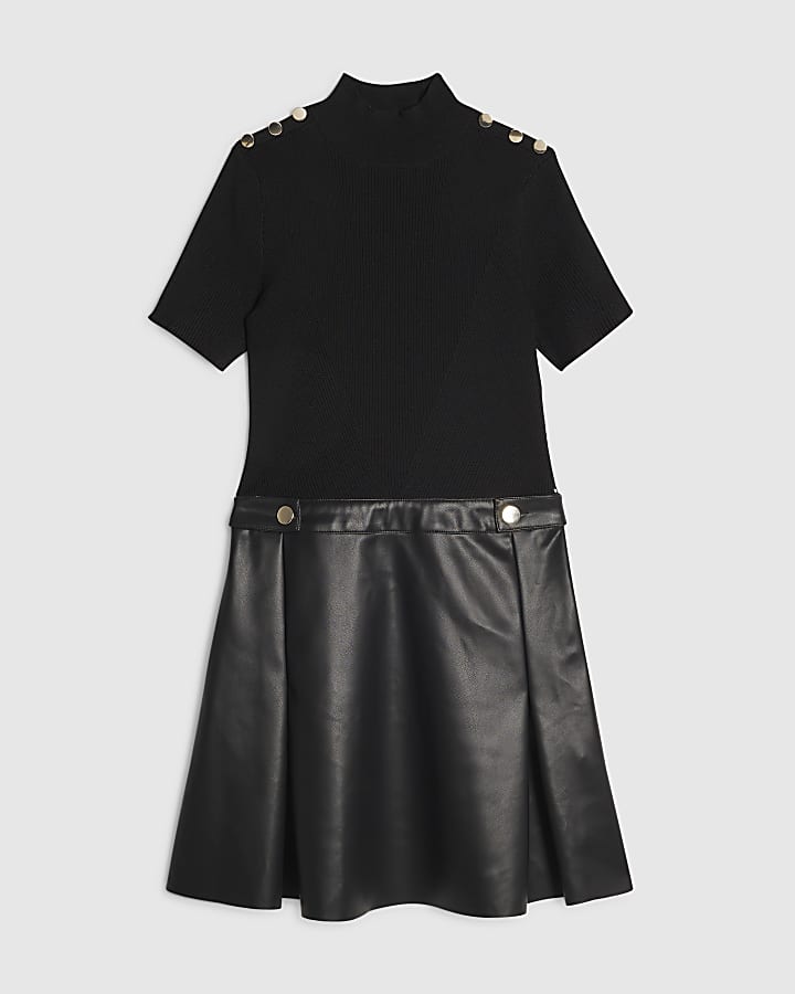 Black Faux Leather Knit Hybrid Skater Dress