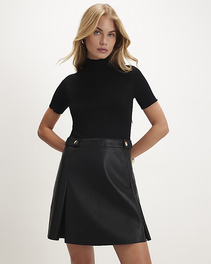 Black Faux Leather Knit Hybrid Skater Dress
