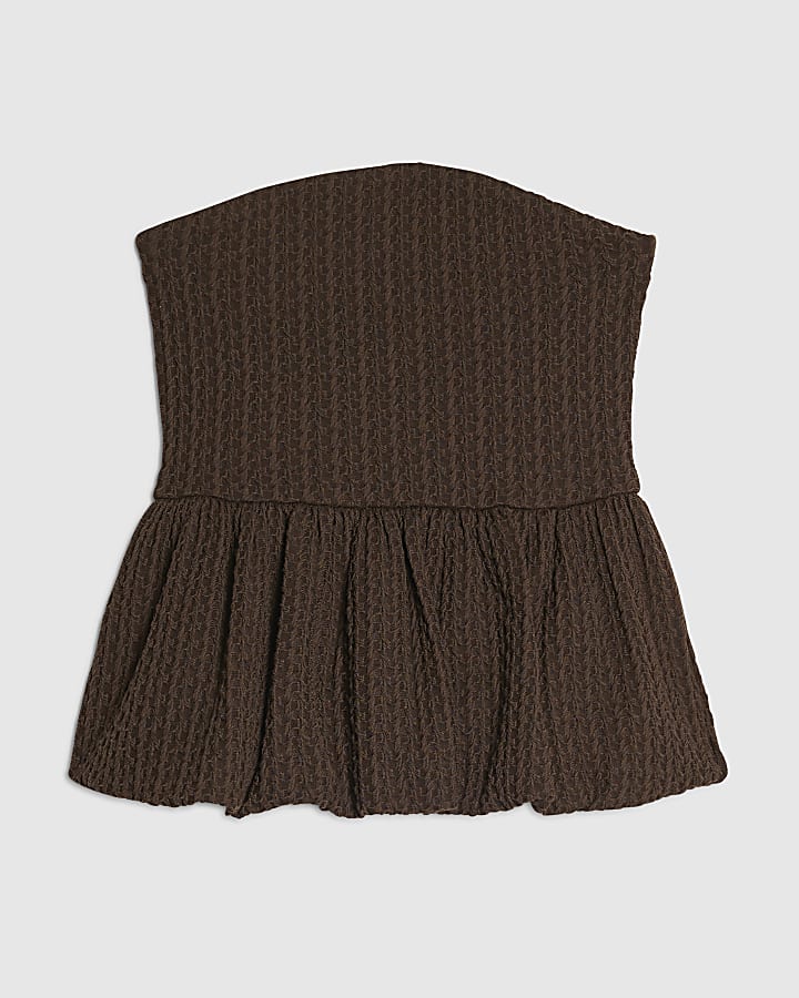 Brown Cotton Blend Bandeau Texture Peplum Top