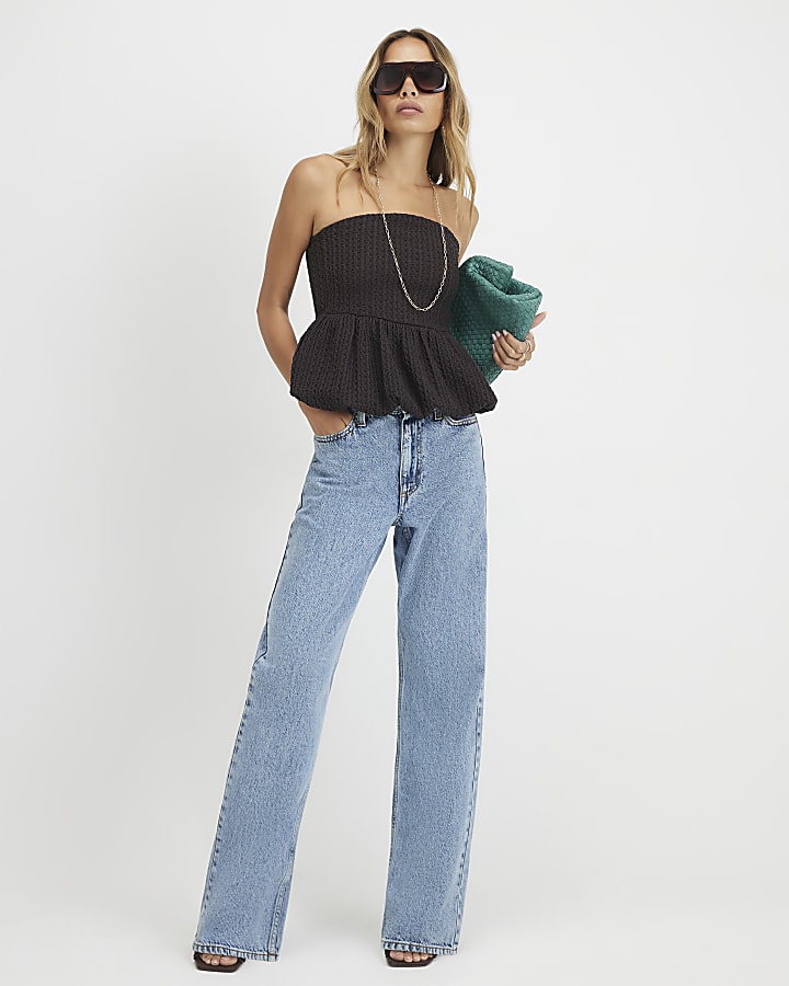 Brown Cotton Blend Bandeau Texture Peplum Top