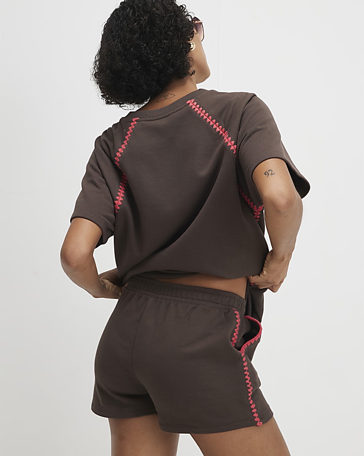 Brown Cotton Blend Whipstitch Trim T-shirt