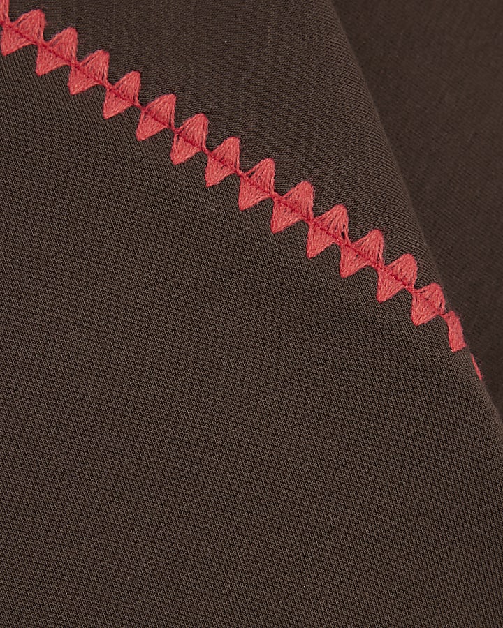 Brown Cotton Blend Whipstitch Trim T-shirt